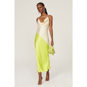 SAN SLOANE Green Cream Drapey Open Back Slip Style Cowl Neck Zita Midi Dress XS
